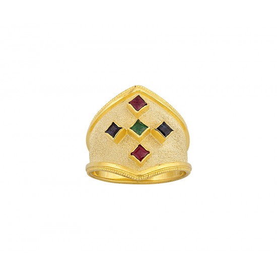 Χρυσό χειροποιητο δαχτυλίδι με πέτρες ρουμπινιά ζαφείρι σμαράγδι κ14 16856