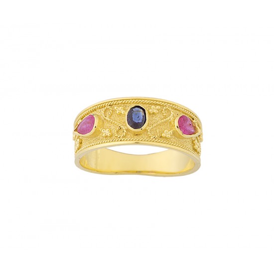 GOLD BYZANTINE HANDMADE RING WITH RUBIS STONES AND SAPHIRE K14 18027