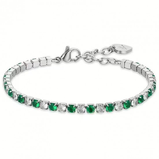 Women's Steel Tennis Bracelet with Green and White Crystals