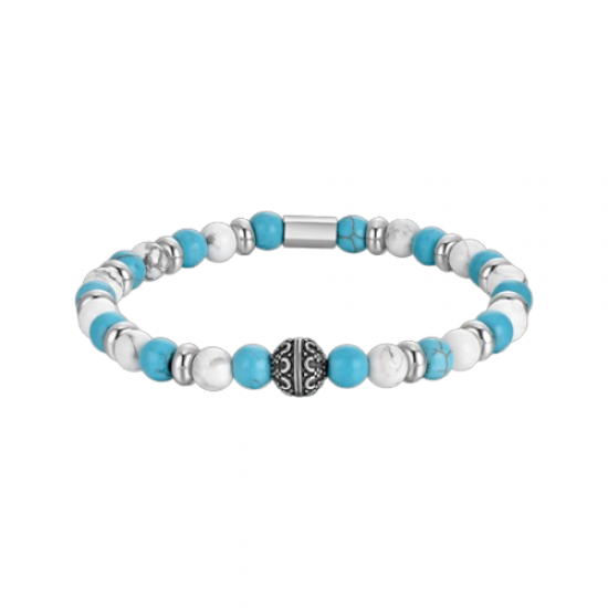 Men s elastic bracelet with blue and white stones and steel elements Length: 21 cm