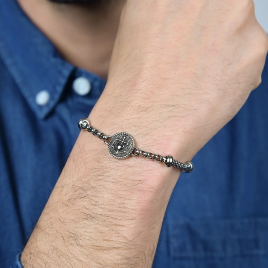 Men s steel bracelet with black enamel plate and heart anchor B11551