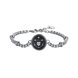 Men's steel bracelet with black enamel plate and heart anchor B11551
