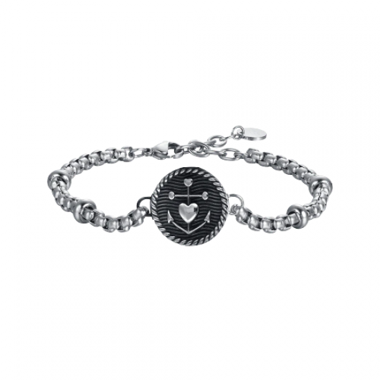 Men s steel bracelet with black enamel plate and heart anchor B11551