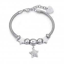 STAINLESS STEEL BRACELET WITH STAR WITH WHITE CRYSTALS AND STAINLESS STEEL STARS
