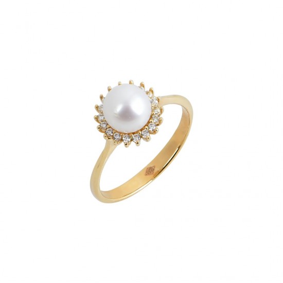 14k white gold pearl rosette ring with cubic zirconia stones R32