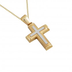 Χρυσός 14κ σταυρός με αλυσίδα  και λευκοχρυσο κέντρο 