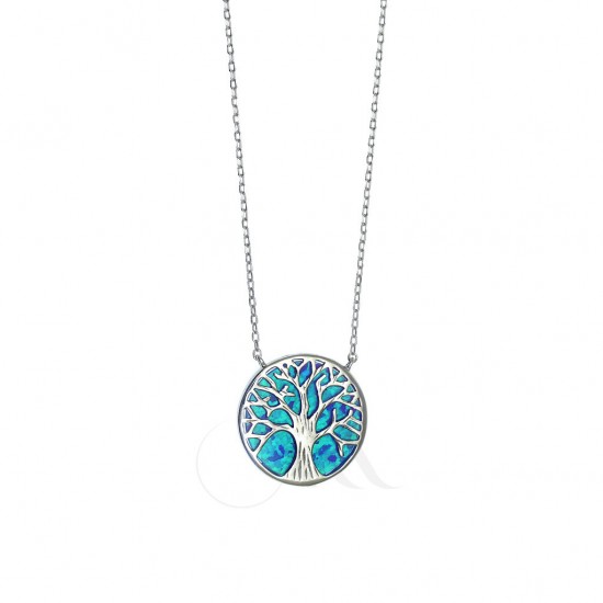 Tree of Life Silver Necklace With Blue Opal OK091B