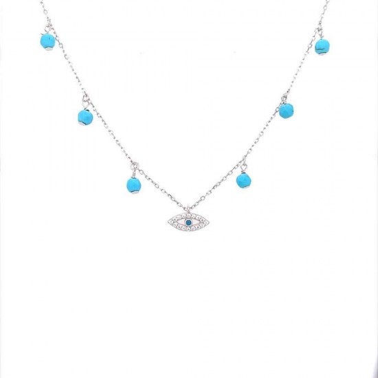 Silver 925 Eye Necklace with White Zirconia and Turquoise ZN1187W