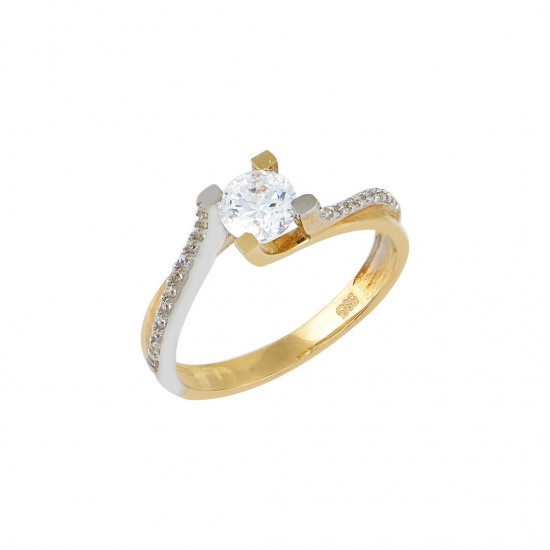 Single stone engagement ring made of gold and white gold flame 14k
