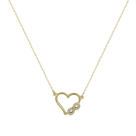 Heart with infinity 14k gold necklace with white zircons Italian design k111