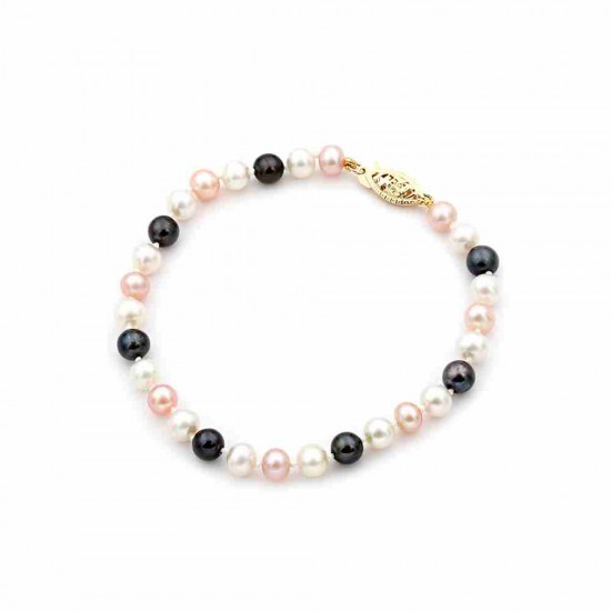 Black pink and white pearl bracelet with 14K gold