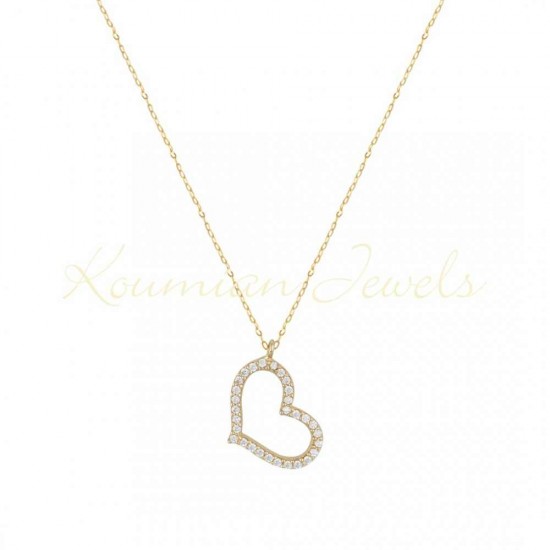 14ct Gold Heart Necklace with White Zircons Italian Design