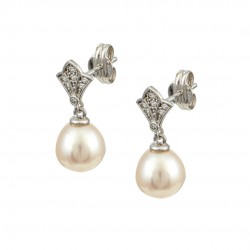 9K White Gold Semi-Dangle Earrings With Pearls and Zirconia SK250