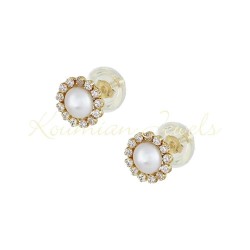 14K Gold Rosette Earrings with Pearls and Zirconia ER802