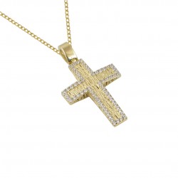 Gold Baptism Cross With Chain 14k for Girl with Zirconia Double Sided ST202