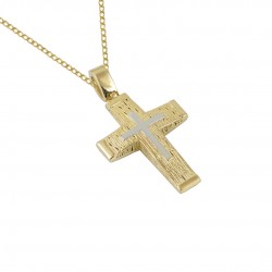 Gold Baptism Cross With Chain 14k for Girl with Zirconia Double Sided ST202