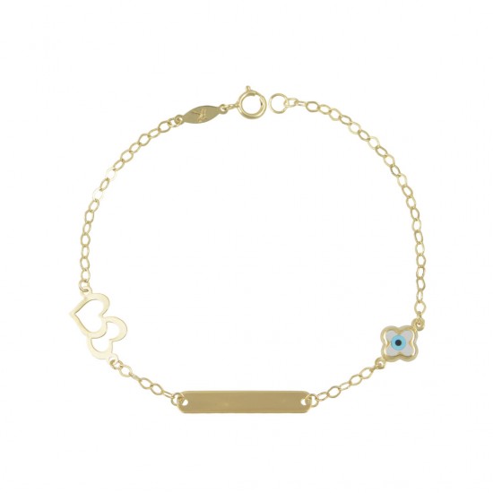 Identity Bracelet Gold 9k With a heart and Koumian Eye T069
