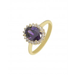 K14 Gold Rosette Purple Zircon and White Women's Ring d24556