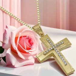 14k Gold Baptism Cross With Chain for Girl with Zirconia s209