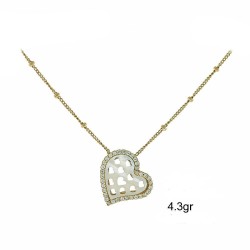Heart necklace with mother of pearl and white zirconia with ball chain k14