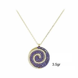gold necklace with white and purple zircons